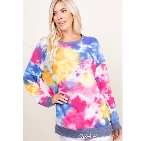 New! Tie Dye Waffle Knit Contrast Side Slit Band Relaxed Top - Picture 7 of 10